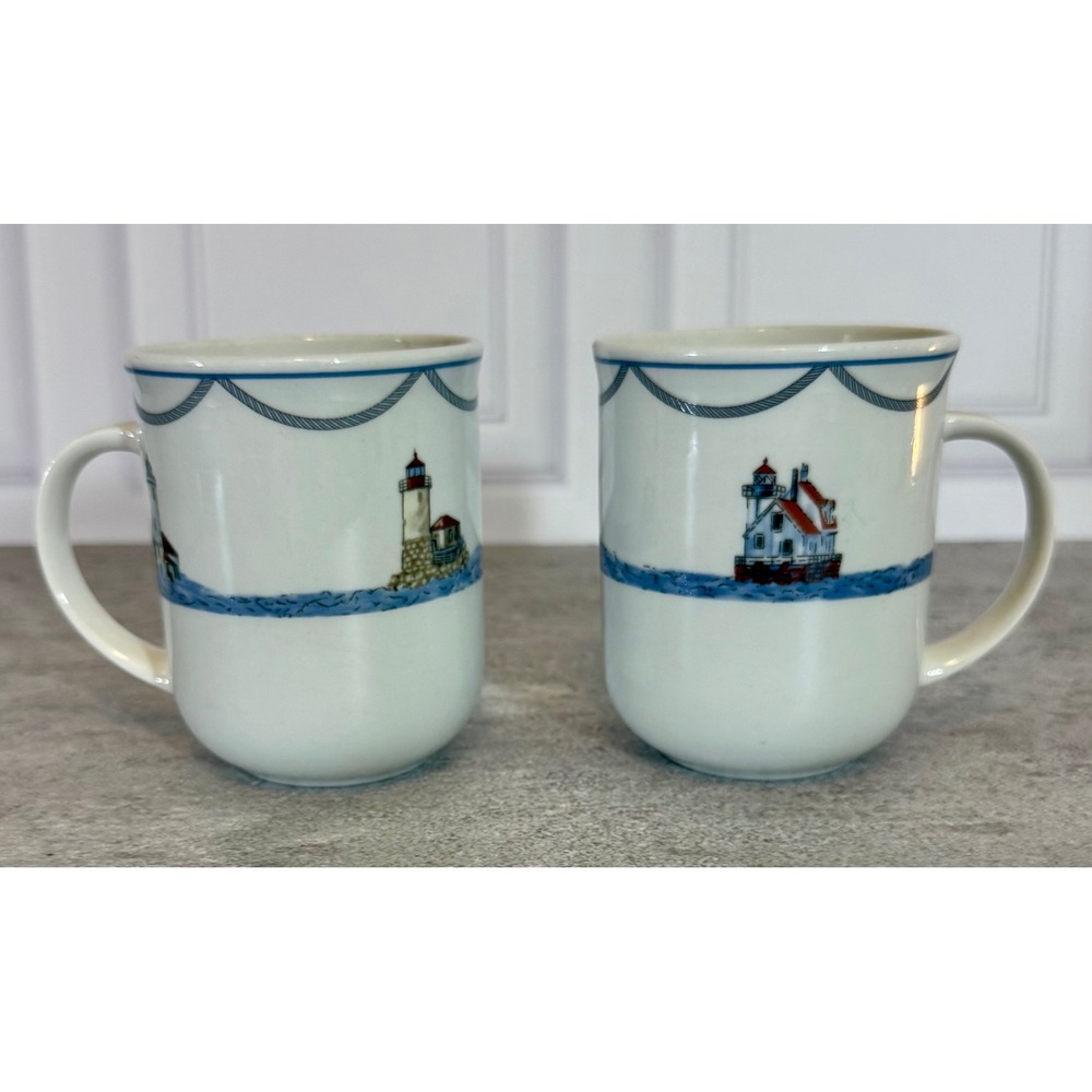 Oneidacraft On the Sea Lighthouse Mugs Stoneware Nautical Set of 2 Blue White